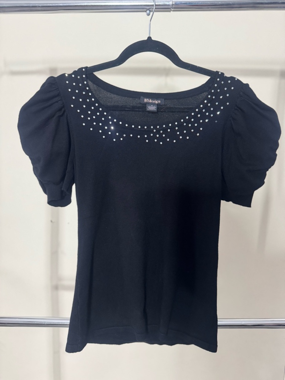 BDesign Black Puff-Sleeve Top with Studded Scoop Neck